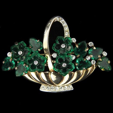 Trifari 'Alfred Philippe' 'Fleur de Paris' Gold Pave and Emerald Fruit Salad Flower Basket Pin
