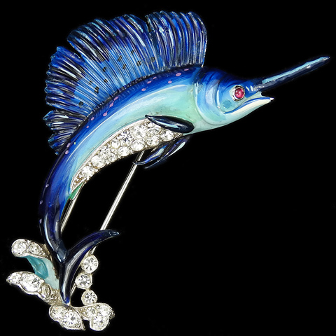 Trifari 'Alfred Philippe' Pave and Enamel Leaping Blue Sailfish or Swordfish Pin Clip