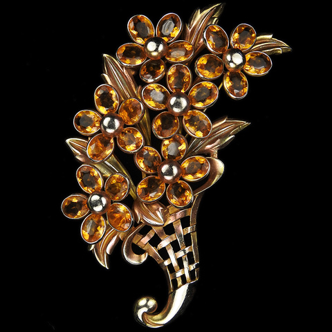 Trifari 'Alfred Philippe' Citrine Glass Flowers and Golden Basketweave Cornucopia Giant Floral Spray Pin