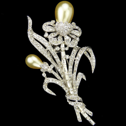 Trifari 'Alfred Philippe' Pave and Baguette Leaves and Flowering Pearl Lillies Floral Spray Pin Clip