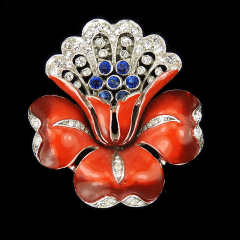 Trifari 'Alfred Philippe' Red Enamel Pave and Sapphires Smallest Lotus Flower Pin Clip