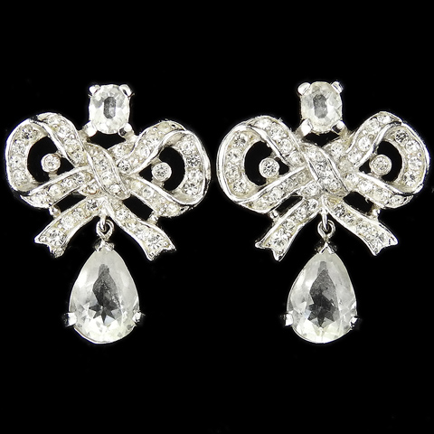 Trifari 'Alfred Philippe' Pave  Bow with Pendant Diamante Teardrop Clip Earrings