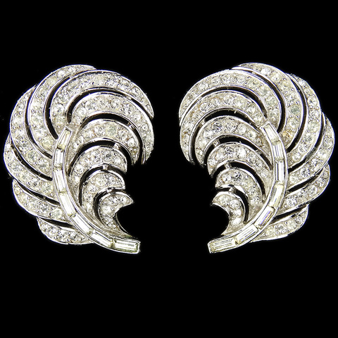 Trifari 'Alfred Philippe' Pave and Baguettes Swirl Plume Feather or Leaf Clip Earrings
