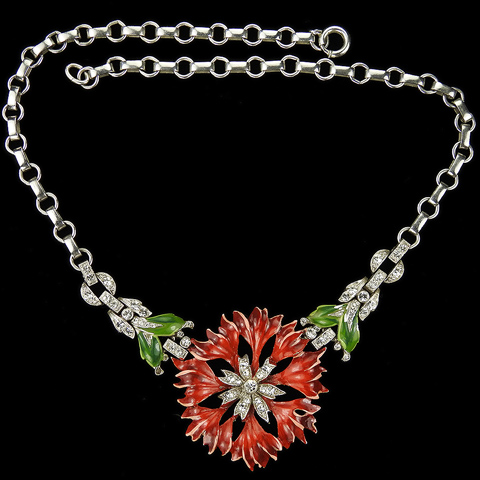 Trifari 'Alfred Philippe' 'Rue de la Paix' Pave and Enamel Red Carnation Necklace