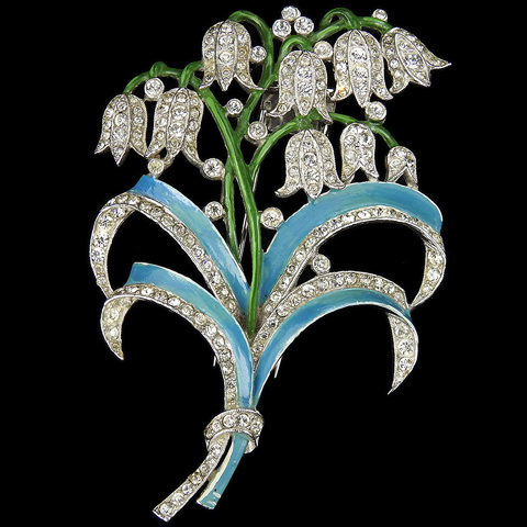 Trifari 'Alfred Philippe' Pave and Turquoise Blue Enamel Lily of the Valley Pin Clip