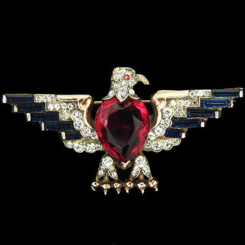 Trifari Sterling 'Alfred Philippe' US Patriotic Red White and Blue Faceted Belly Medium Eagle Pin