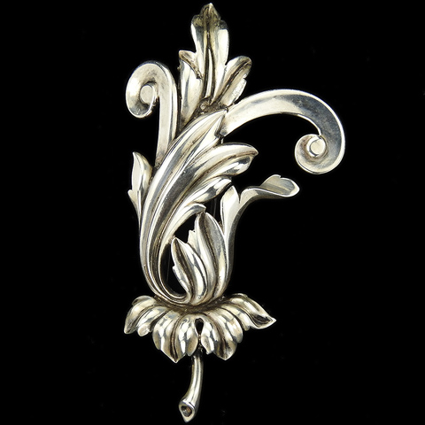 Trifari Sterling 'Alfred Philippe' Deco Silver Floral Leaf Spray with Scrolls Pin Clip