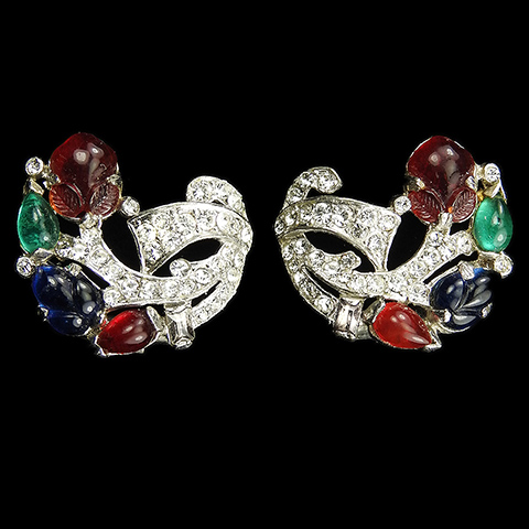KTF Trifari 'Alfred Philippe' Tricolour Fruit Salad and Pave Swirls Deco Clip Earrings