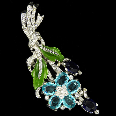 Trifari 'Alfred Philippe' Pave Pastel Aquamarine and Enamel Single Flower with Sapphire Shoots Floral Spray Pin Clip
