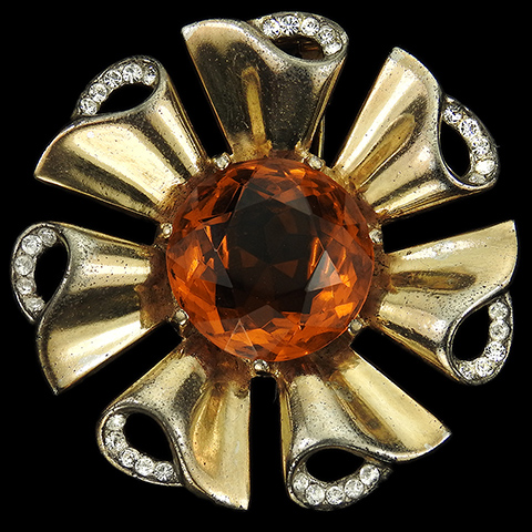 Trifari Sterling 'Alfred Philippe' Gold Pave and Topaz Circular Floral Bow Swirls Pin Clip