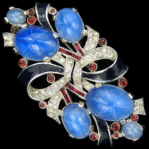 Trifari 'Alfred Philippe' WW2 US Patriotic Red White and Blue Star Sapphire, Invisibly Set Rubies and Enamel Bow Pin