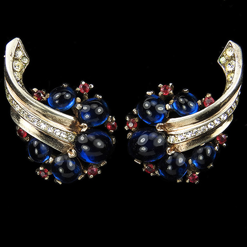 Trifari Sterling 'Alfred Philippe' Gold and Pave Swirls with Ruby Spangled Sapphire Cabochons Clip Earrings