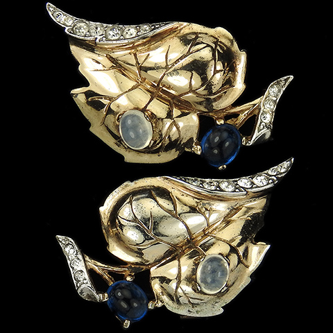 Trifari Sterling 'Alfred Philippe' 'Dewdrops' Sapphire and Moonstone Raindrop on Leaf Clip Earrings
