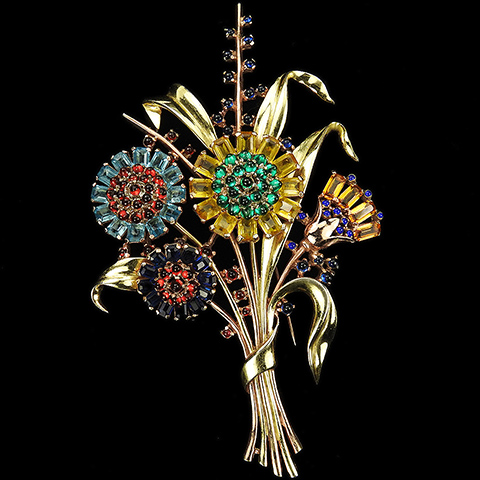 Trifari 'Alfred Philippe' Yellow and Rose Gold and Multicolour Bouquet of Six Flowers and Leaves Giant Floral Spray Pin Clip