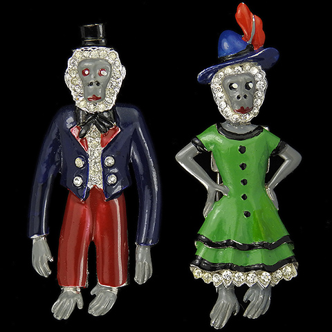 Trifari 'Alfred Philippe' Pave and Enamel 'Mr and Mrs Monkey' Pair of Pin Clips