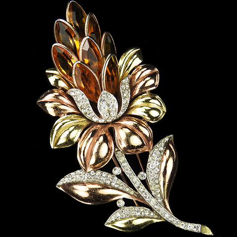 Trifari 'Alfred Philippe' Yellow and Rose Gold Pave and Citrines Lotus Flower Pin Clip