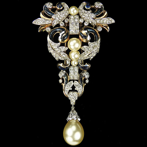 Trifari 'Alfred Philippe' Empress Eugenie Gold Pave and Enamel Scrolls with Pendant Pearl Pin Clip