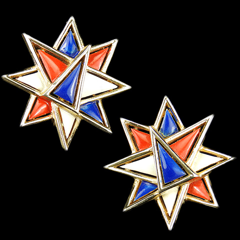 Trifari US Patriotic Red White and Blue Stars Clip Earrings