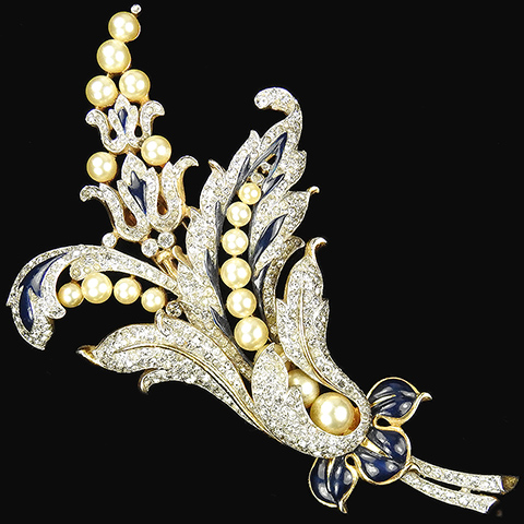 Trifari 'Alfred Philippe' Empress Eugenie Pave Enamel and Pearls Lily Swirl Pin Clip