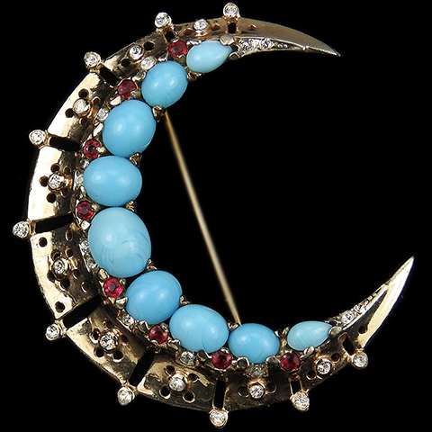 Trifari Sterling 'Alfred Philippe' Gold Ruby Spangles and Turquoise Cabochons Crescent Moon Pin