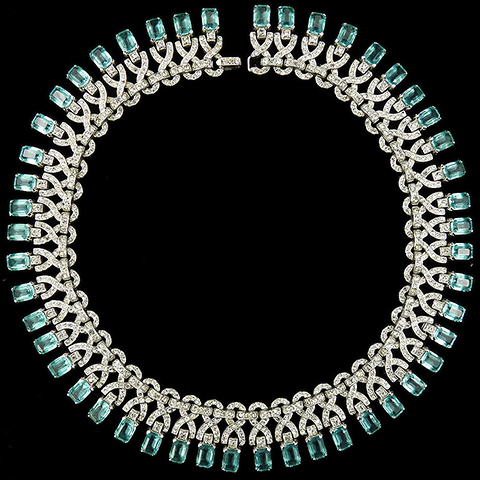 Trifari 'Alfred Philippe' Pave Bowknots and Square Cut Aquamarines Fringe Choker Necklace
