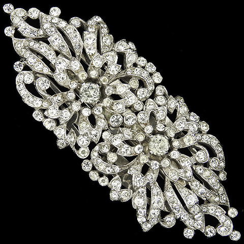 Trifari 'Alfred Philippe' Five Petalled Diamante Flowers Deco Pave Dress Clips or Clipmate Pin