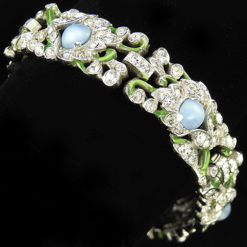Trifari 'Alfred Philippe' Pave Blue Moonstone Cabochons and Green Enamel Branches Floral Bracelet