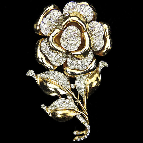 Trifari 'Alfred Philippe' Gold and Pave Rose Flower on Stem with Leaves Pin Clip