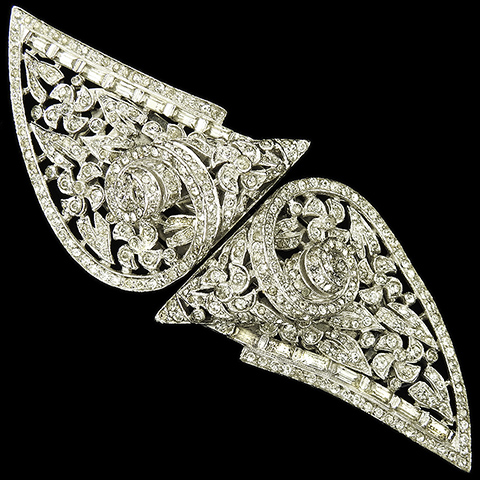 Trifari 'Alfred Philippe' Deco Openwork Pave and Baguettes Three Dimensional Curved Chevron Swirls Pair of Dress Clips or Clipmate Pin