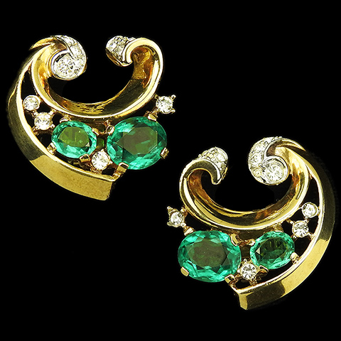 Trifari 'Alfred Philippe' Gold Pave Emerald and Diamante Spangles Bow Swirl Clip Earrings