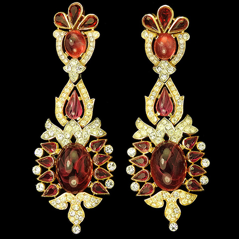 Trifari 'Alfred Philippe' 1960s Jewels of India Gold Pave and Ruby Giant Pendant Clip Earrings