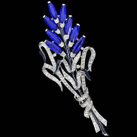 Trifari 'Alfred Spaney' Pave Blue Enamel and Sapphire Lozenges Giant Floral Spray Pin