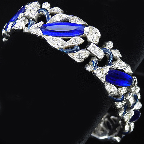 Trifari 'Alfred Philippe' Pave Blue Enamel and Sapphire Lozenges Floral Link Bracelet