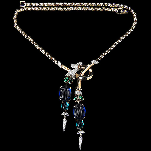 Trifari 'Alfred Philippe' Moghul Jewels Melon Cut Sapphires and Teardrop Emerald Cabochons Double Pendant Necklace