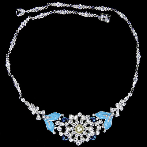 Trifari 'Alfred Philippe' Pave Pearls and Blue Enamel Leaves Flower Necklace
