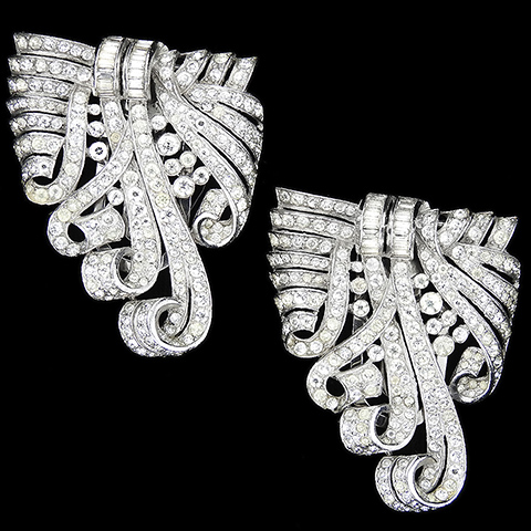 Trifari 'Alfred Philippe' Pair of Deco Pave and Baguettes Triple Bow Swirls Dress Clips