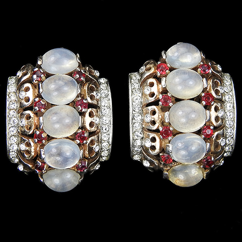Trifari Sterling 'Alfred Philippe' Gold Ruby Spangles and Moonstones Crescent Clip Earrings
