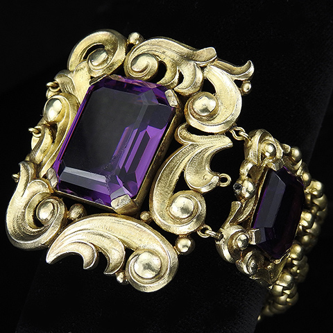 Trifari 'Alfred Philippe' Gold Scrolls and Chains and Three Table Cut Amethysts Bracelet