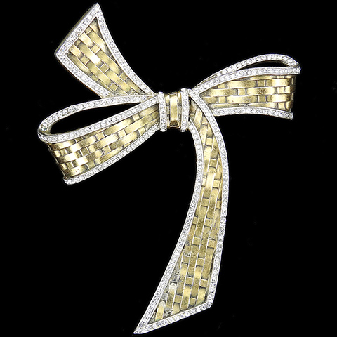 Trifari 'Alfred Philippe' Pave and Gold Basketweave Giant Bowknot or Bow Pin