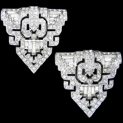 KTF Trifari 'Alfred Philippe' 'Copyrighted 1933' Pair of Deco Pave and Baguette Shields Dress Clips