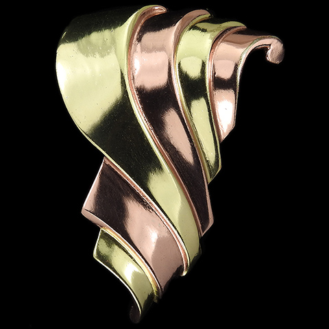 Trifari 'Alfred Philippe' Alternating Two Colour Gold Sinuous Deco Swirls Pin Clip