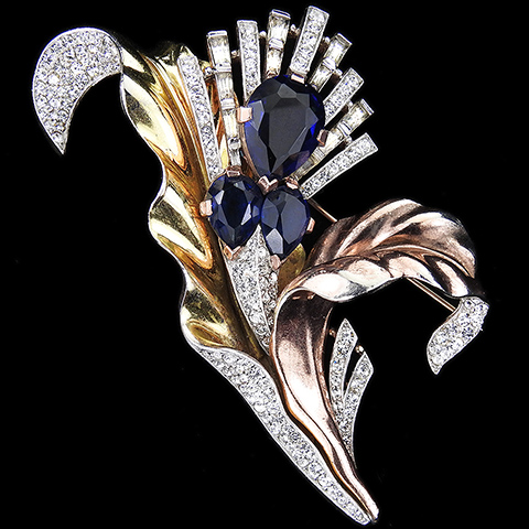 Trifari 'Alfred Philippe' Pave Baguettes Two Colour Gold and Sapphires Double Leaf Swirl Stylized Flower Pin