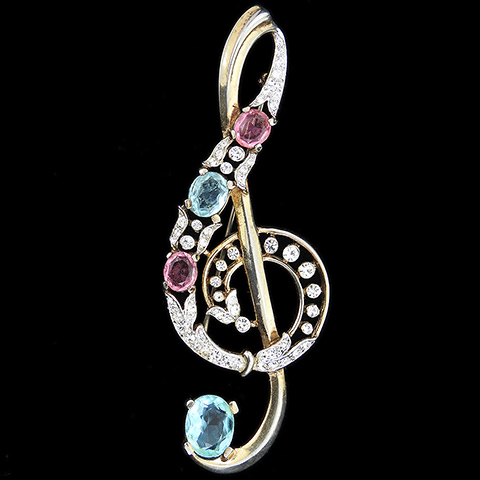 Trifari 'Alfred Philippe' 'Renaissance' Gold Pale Sapphire and Pink Topaz Musical Treble Clef Pin