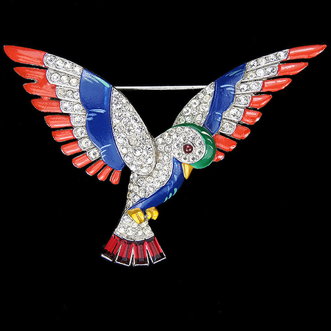 Trifari 'Alfred Philippe' Pave Red Blue and Green Enamel and Ruby Baguettes Flying Parrot Bird Pin