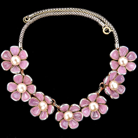 Trifari 'Alfred Philippe' 'Blossomtime' Pink Poured Glass and Pearls Seven Flowers Choker Necklace