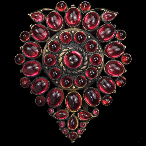 KTF Trifari 'Alfred Philippe' Gold and Ruby Cabochons 1930s Jewels of India Circular Shield Dress Clip 