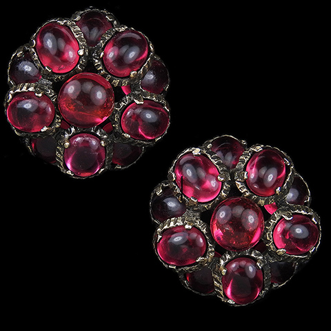 Trifari 'Alfred Philippe' 'Renaissance' Gold and Ruby Stained Glass Cabochons Flower Cluster Button Clip Earrings