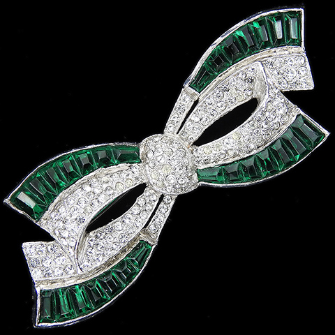 KTF Trifari 'Alfred Philippe' Pave and  Invisibly Set Emerald Swirls Bow or Bowknot Pin