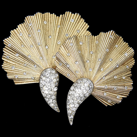 Trifari 'Alfred Philippe' Pave and Spangled Ridged Gold Double Fan Shaped Flowers Pin