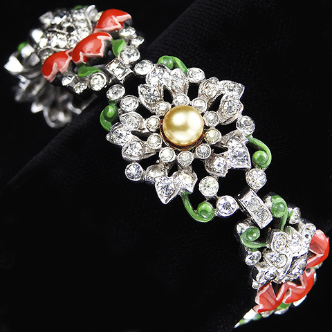 Trifari 'Alfred Philippe' Pave Pearls and Red Enamel Leaves Triple Link Flower and Bellflowers Bracelet